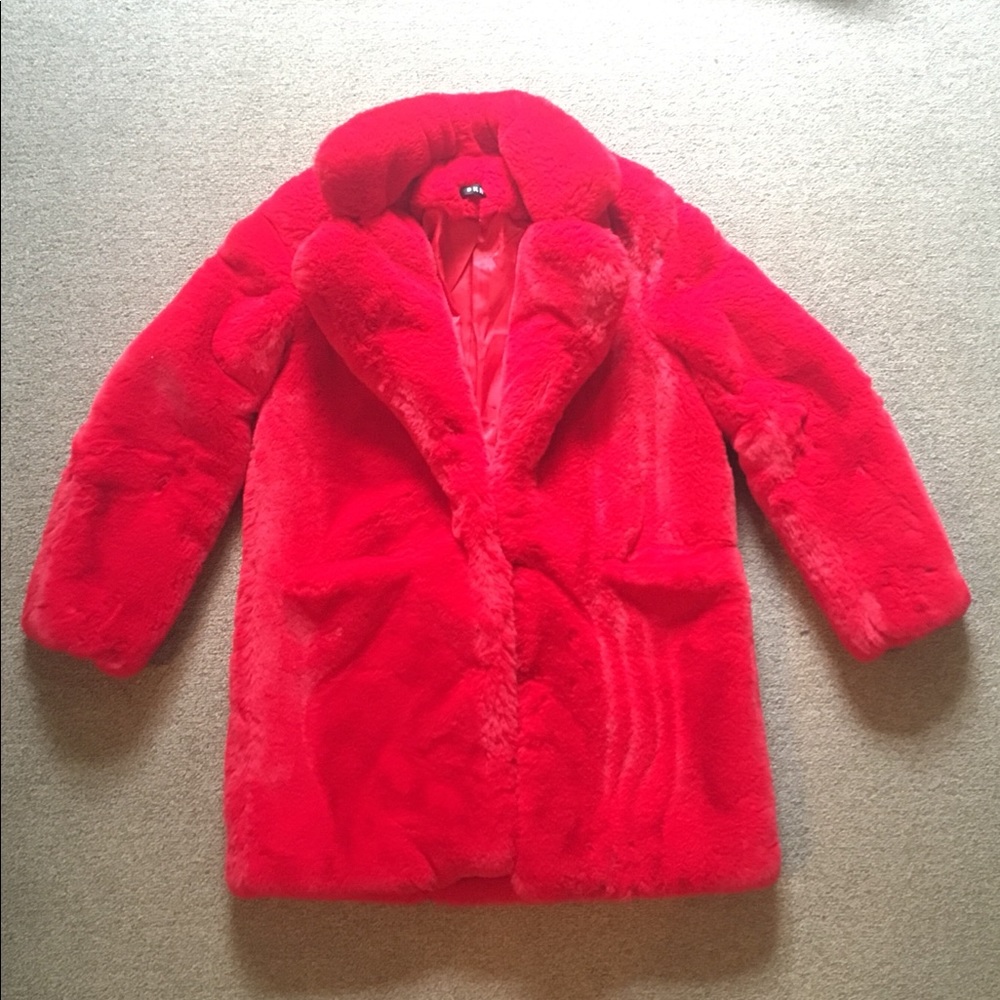 DKNY faux fur red coat